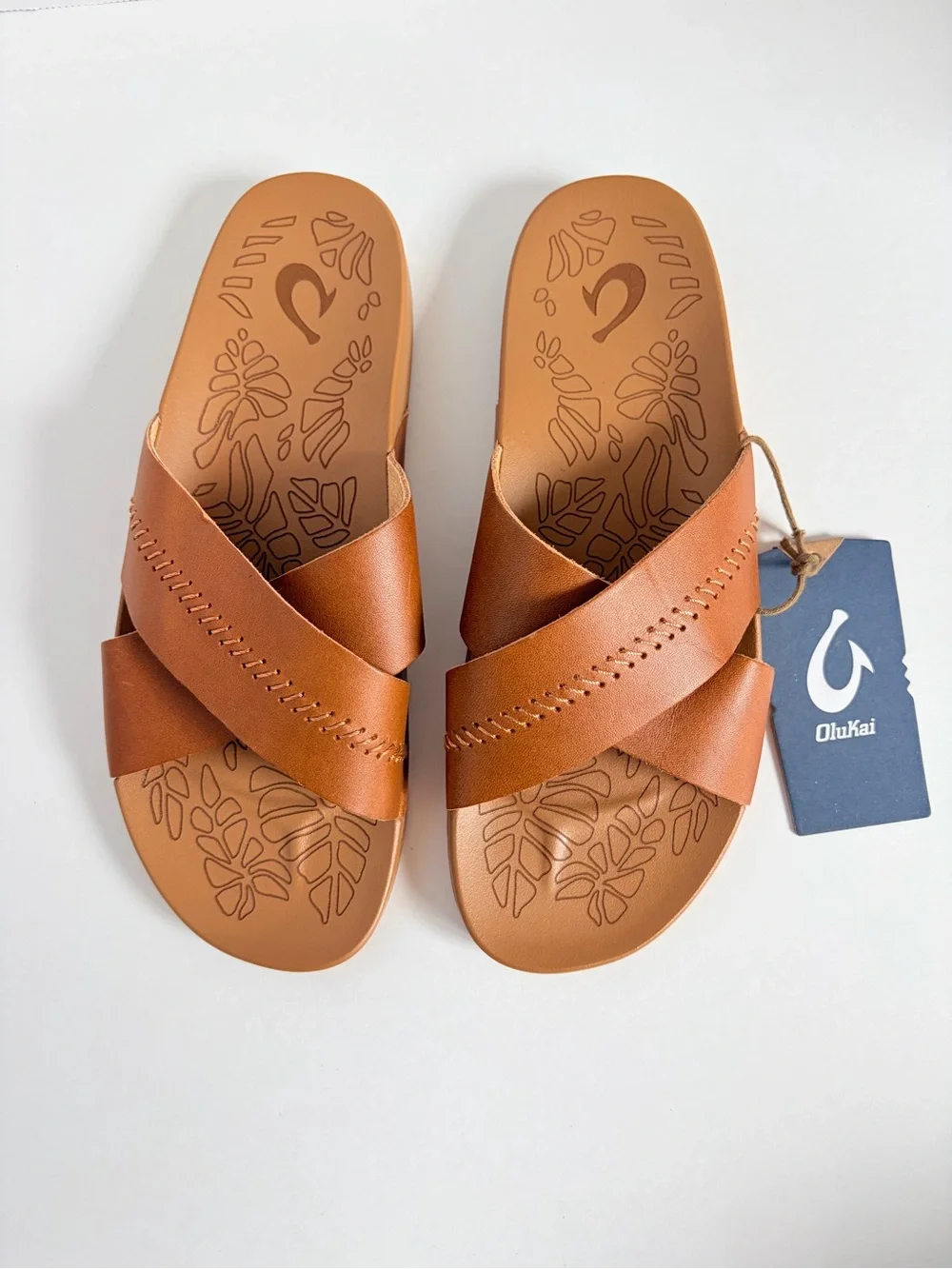 OluKai Kipea Olu Slide Sandals Cross Strap Shoes Cushioned Leather Brown Size 9 - Picture 10 of 15